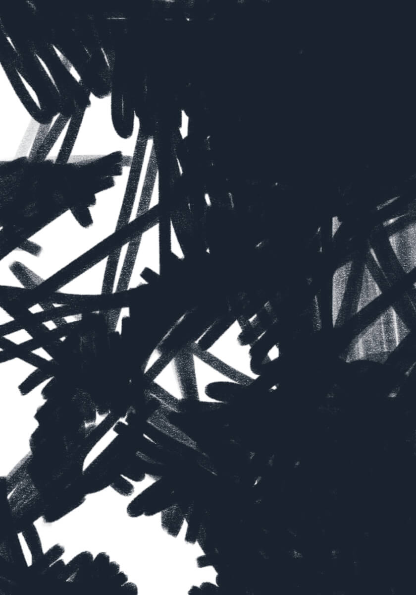Veins of Ruin 2 Large abstract expressionist artwork featuring layered black mark making, aggressive brush gestures, and fractured linear forms on a white background.