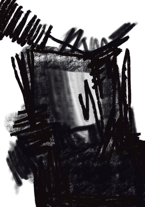 Veins of Ruin Artwork Dark monochrome abstract artwork with aggressive black brush marks and layered textures surrounding a shadowed central form.