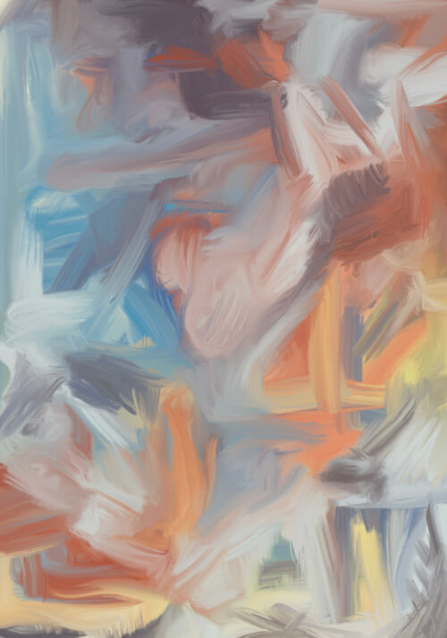 Abstract digital painting with soft blue, orange, grey, and yellow brushstrokes suggesting turbulent weather and emotional movement.