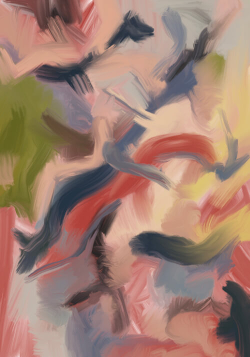 Abstract digital painting with soft pink, green, red, blue, and black brushstrokes forming a stormy atmospheric composition.