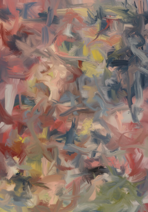 Abstract painting with soft pink, grey, blue, and yellow brushstrokes creating a stormy atmospheric composition.
