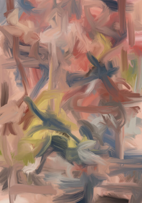 Abstract digital artwork with soft pink, yellow, and blue-grey brushstrokes forming a turbulent storm-like composition.