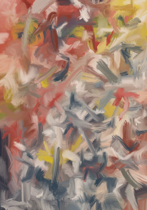 Abstract digital artwork with dynamic marks, layered textures, and storm-like visual movement.