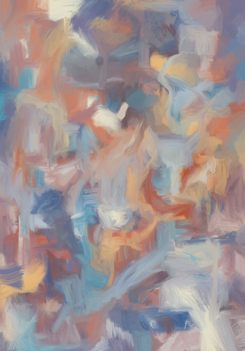 Abstract digital artwork with expressive pastel brushstrokes in blue, peach, yellow, violet, and grey, creating a soft atmospheric composition full of movement and emotional disturbance.