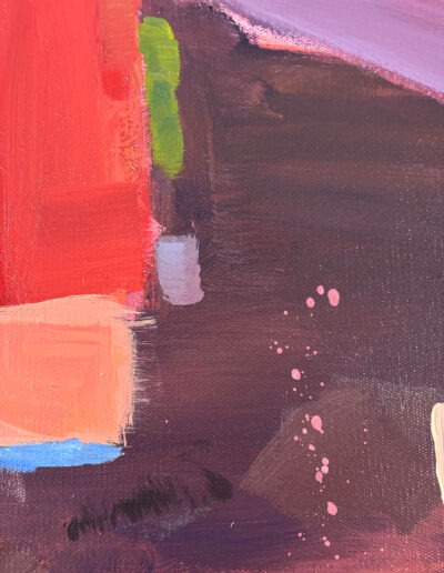 Detailed view of texture and paint splatters on canvas from the abstract artwork Dusk Overpass, featuring bold blocks of red, pink, and lime green against a dark purple background.
