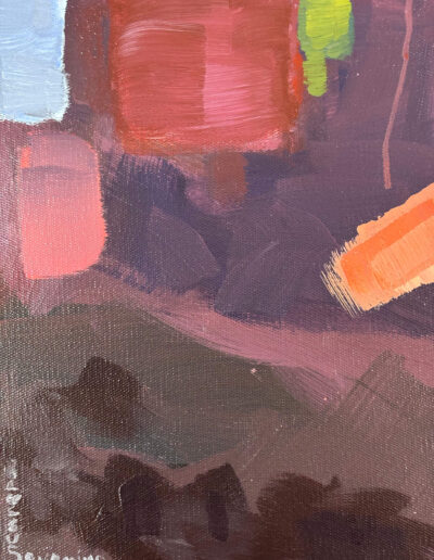 Close-up detail of the abstract painting Dusk Overpass by Severino, showing visible brushstrokes in shades of purple, crimson, and orange with the artist's signature in the bottom left corner.