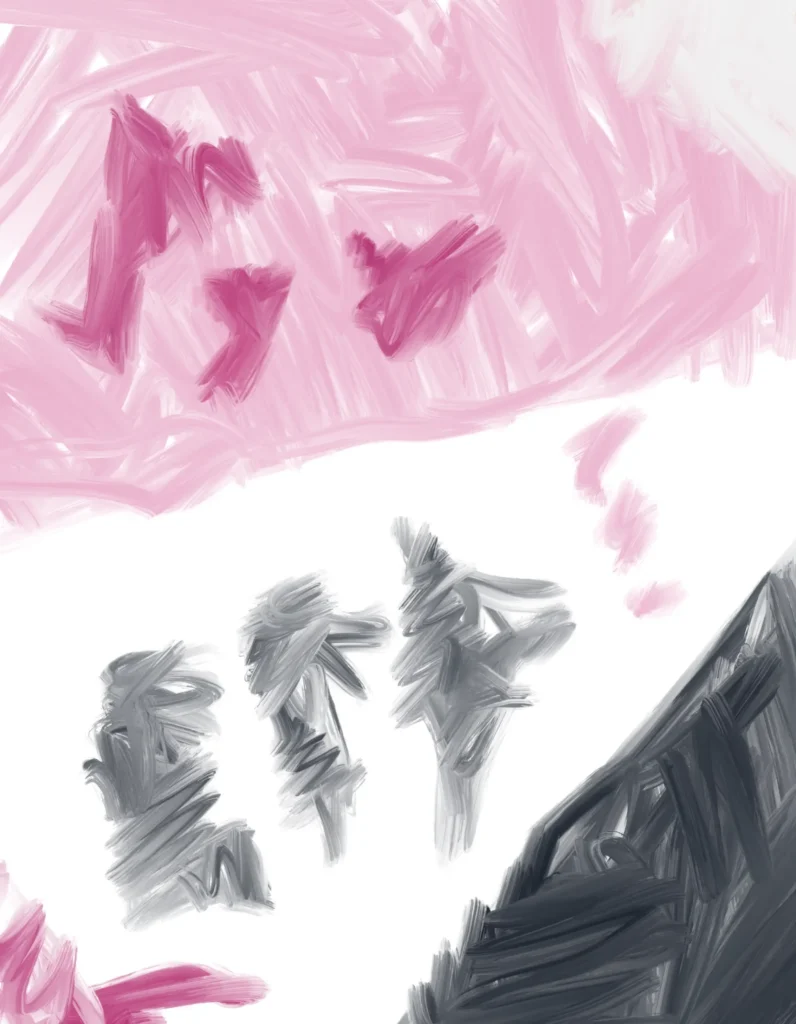 Abstract digital painting with soft pink brushstrokes surrounding three gray gestural forms separated by a large white negative space, creating a quiet minimalist composition.