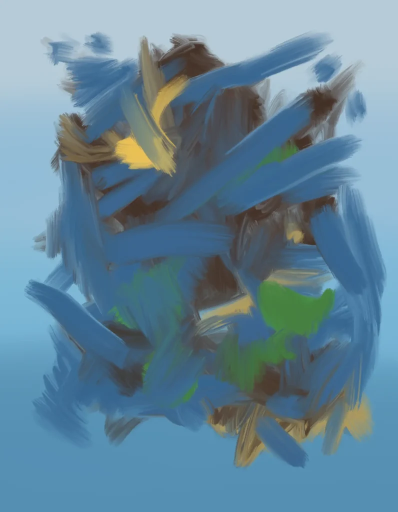 Abstract expressionist painting with layered blue brushstrokes, green and yellow accents, and dynamic gestural mark making expressing the pressure of time.