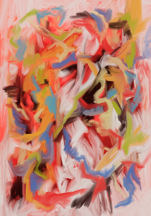 Abstract expressionist artwork with energetic red brushstrokes intertwined with blue, yellow, green, and black marks on a pale background.