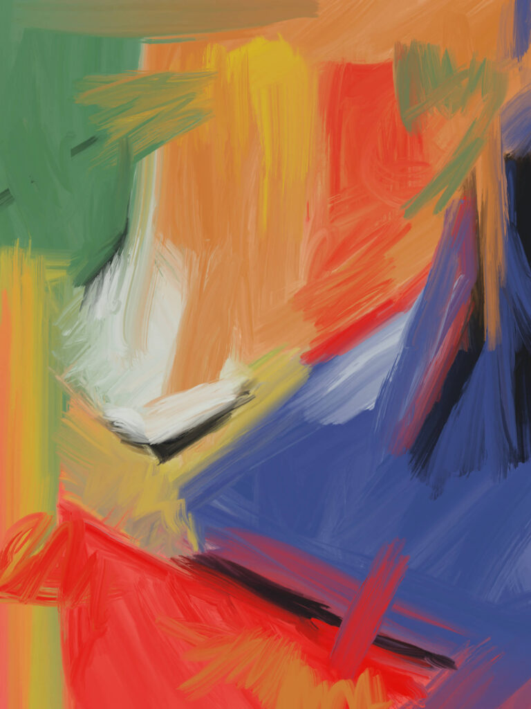 Large abstract expressionist artwork featuring layered geometric forms in red, blue, green, orange, yellow, and white, created with energetic painterly brushstrokes and contrasting textures.