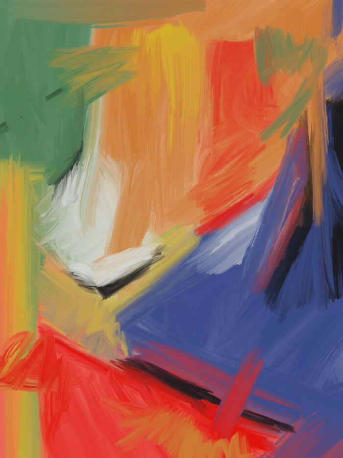Static Geometry 10 Digital Artwork Abstract geometric expressionist painting with bold red, blue, green, orange, and yellow brushstrokes forming dynamic color fields.
