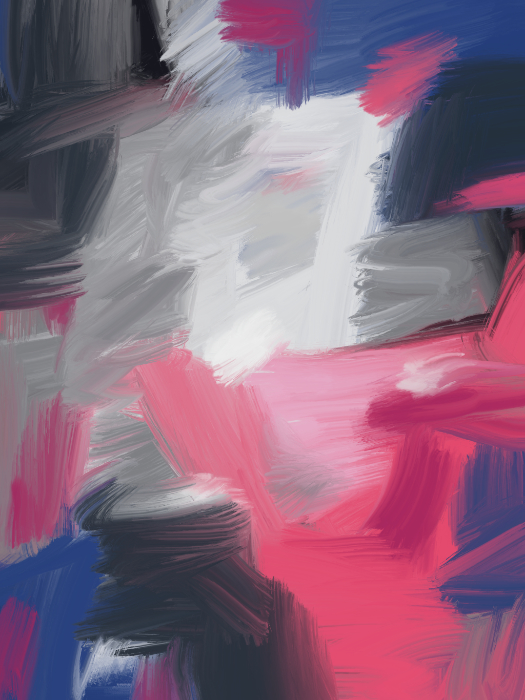 Static Geometry 12 Artwork Abstract geometric artwork featuring bold pink, blue, gray, and black brushstrokes arranged in a layered composition with strong contrast.