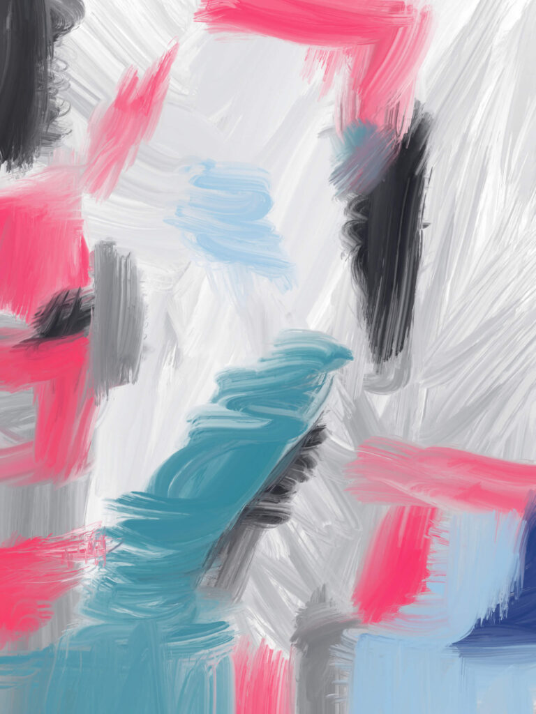 Large abstract painting featuring layered white and gray brushwork with bold turquoise, pink, black, and pale blue geometric forms distributed across the composition, creating balance, movement, and visual contrast.