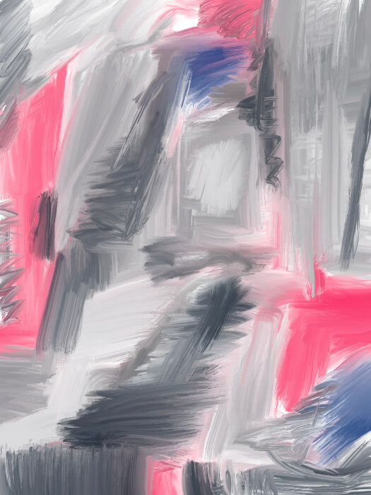 Static Geometry 14 Digital Art Abstract geometric artwork featuring layered gray brushstrokes, bright pink accents, dark gestural marks, and subtle blue highlights.