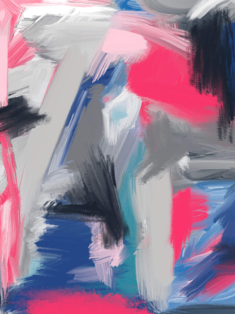 Large abstract geometric painting with intersecting gray structures, fluorescent pink accents, deep blue passages, black gestural marks, and expressive layered brushwork creating movement and spatial tension.