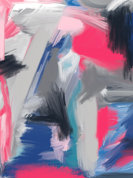 Static Geometry 15 Digital Painting Abstract geometric artwork featuring bold pink, blue, gray, and black brushstrokes arranged in a dynamic layered composition.