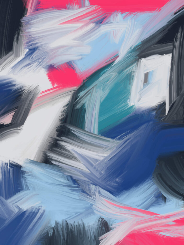 Abstract digital painting featuring bold geometric forms constructed from expressive brushstrokes in bright pink, icy blue, deep blue, white, and charcoal black, creating a dynamic interplay of structure, contrast, and movement.