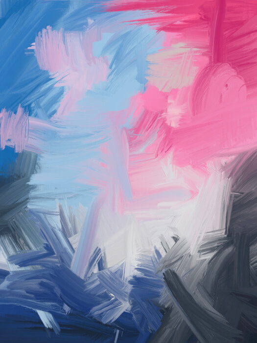 Static Geometry 17 Digital Painting Abstract composition with pink and blue brushstrokes surrounding a luminous central form, framed by gray and navy accents.