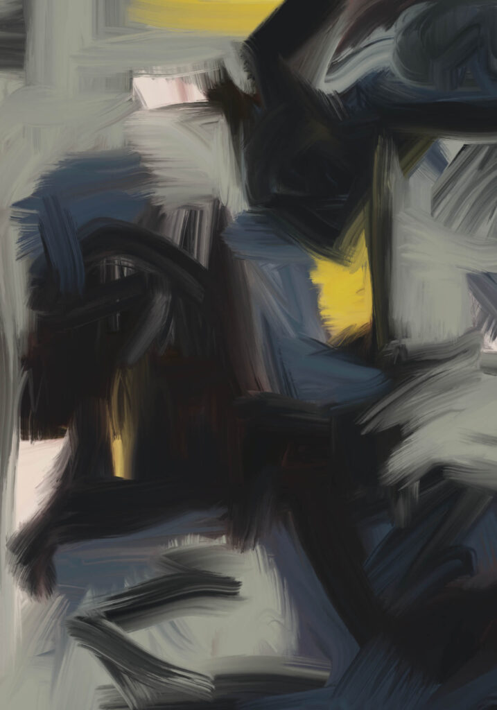 Dark abstract painting featuring layered black and blue brushstrokes over a muted grey background, punctuated by small areas of vibrant yellow that create contrast and movement throughout the composition.