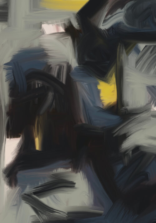 Abstract expressionist painting with dark gestural brushstrokes, grey tones, blue accents, and bright yellow highlights.