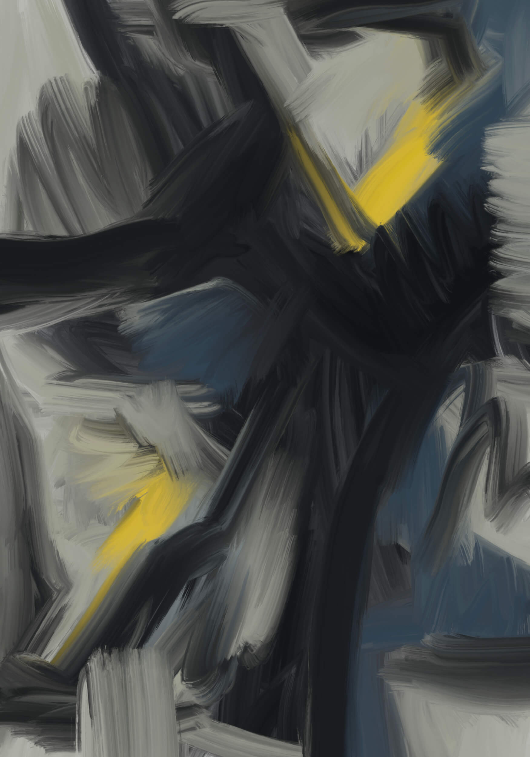 Vertical abstract expressionist artwork featuring sweeping black forms layered over grey, white, and muted blue brushstrokes, punctuated by vivid yellow accents that create contrast, movement, and structural tension.