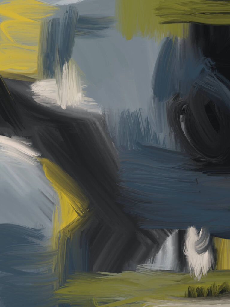 Large abstract expressionist composition with broad blue-gray fields, black geometric masses, olive accents, and textured white brushstrokes creating a dynamic spatial structure.
