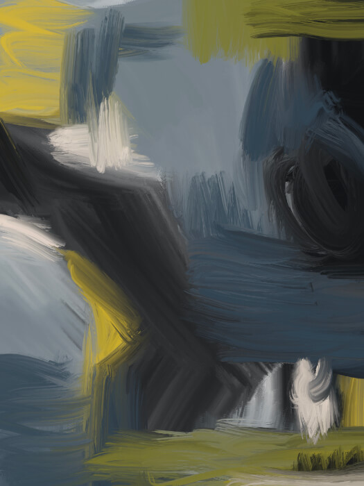 Abstract geometric artwork featuring blue-gray, black, olive, and white brushstrokes arranged in layered forms.