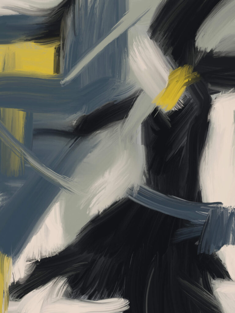 Large abstract expressionist artwork featuring sweeping black, gray, and white geometric forms accented by yellow highlights, creating a layered composition of movement, contrast, and spatial tension.