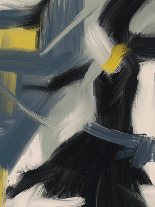 Abstract geometric painting with black, gray, white, and yellow brushstrokes forming dynamic intersecting shapes.