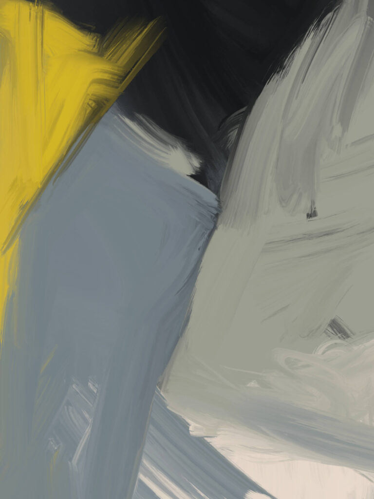 Large abstract expressionist composition with a bright yellow angular form, pale gray geometric mass, and sweeping white brushstrokes against a dark background, creating contrast and spatial tension.