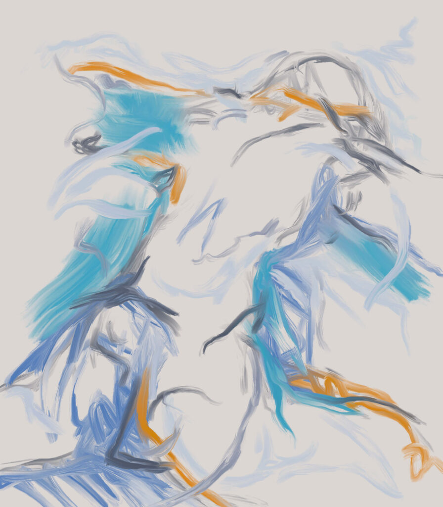 Abstract figurative artwork exploring movement, lightness, and presence through fluid blue and orange gestural marks.