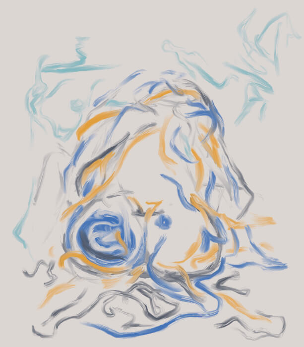 Weightless Figure 3 Digital Painting Minimalist abstract figurative artwork depicting a reclining human form constructed from expressive blue, orange, and grey brushstrokes. The loose gestural lines create a sense of movement, suspension, and weightlessness against a soft neutral background.