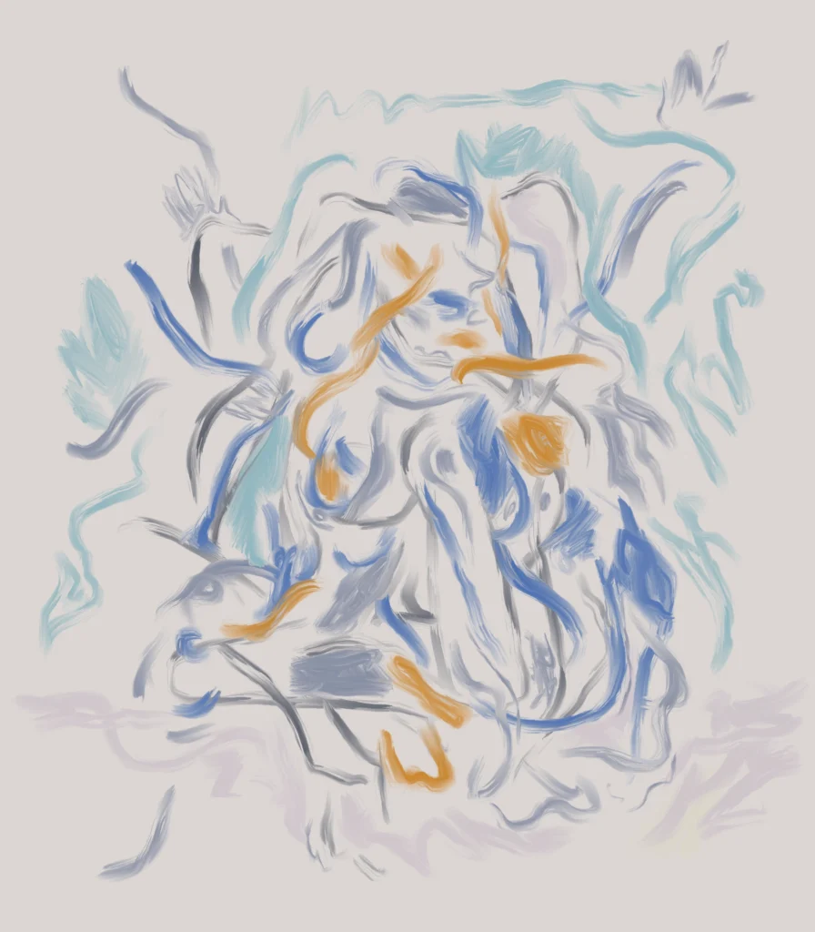 Abstract figurative artwork featuring a weightless human form suggested through layered blue, gray, turquoise, and orange brushstrokes. Fluid lines and translucent marks create a sense of movement, balance, and floating presence against a soft neutral background.