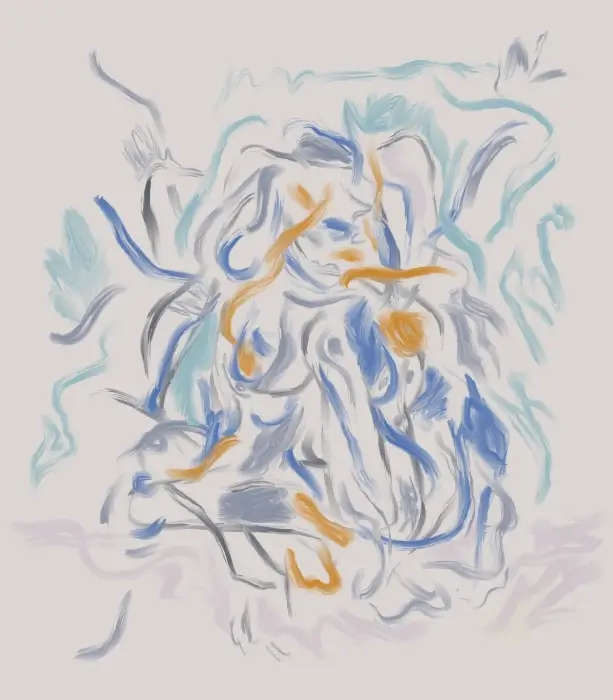 Abstract minimalist figure composed of flowing blue, gray, turquoise, and orange gestural lines on a light background.