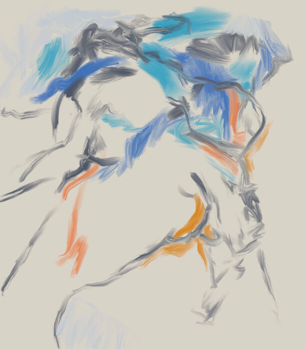 Weightless Figure Minimalist abstract artwork with flowing blue, gray, and orange brushstrokes suggesting a feminine figure in motion.