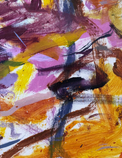 Close-up detail of Residual Phosphenes, an abstract expressionist oil painting showing textured impasto brushstrokes in ochre yellow, magenta pink, and deep violet on canvas, highlighting a gestural, layered composition.