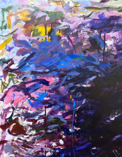 Medium detail shot of Residual Phosphenes abstract painting, featuring dynamic blue, purple, and pink brushstrokes sweeping into a dark shadow, showing a gestural landscape style influenced by Joan Mitchell.