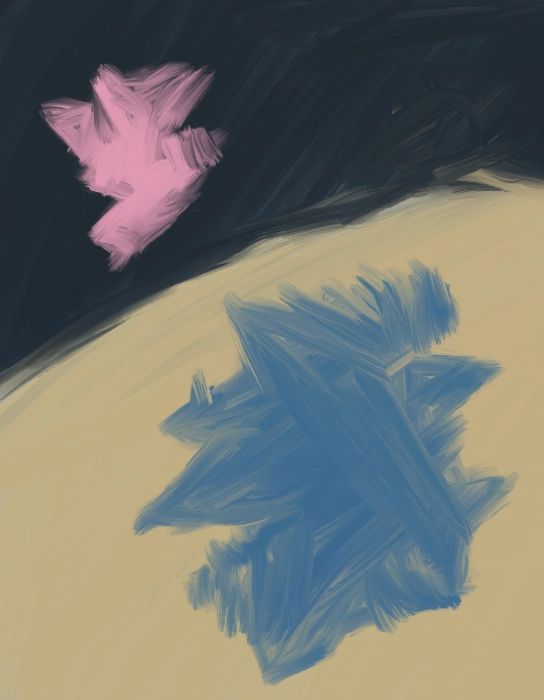Abstract artwork featuring a pink geometric form floating above a blue angular shape against contrasting dark and light backgrounds.