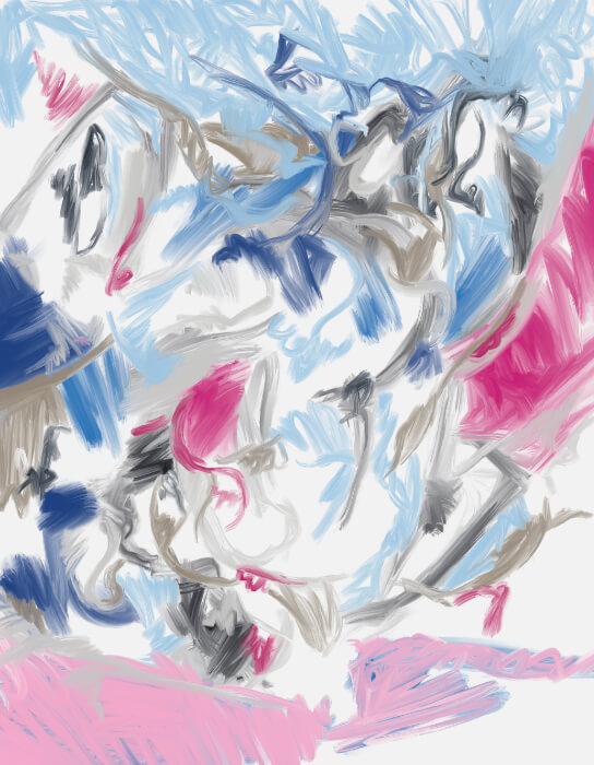 Contour Drift Between Limbs Digital Painting Abstract painting featuring gestural blue and pink lines suggesting a fragmented human figure in expressive motion.