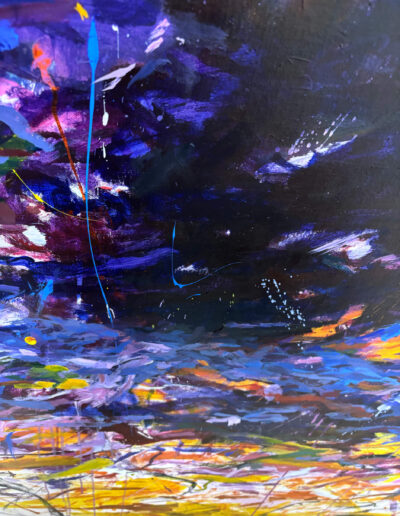 Close-up of the dark, moody section of Thought Garden abstract canvas art, displaying deep black and violet paint fields with vibrant blue and yellow paint splatters and underlying warm-toned strokes.