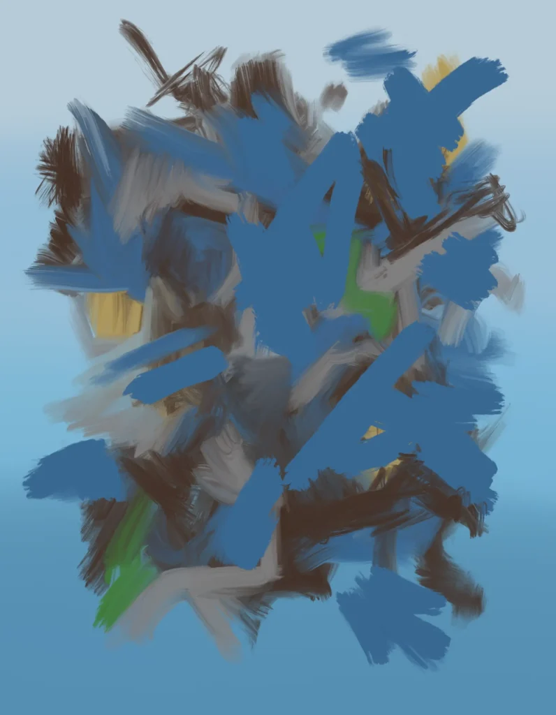 Abstract expressionist digital painting with layered blue, black, gray, green, and yellow brushstrokes suggesting compressed movement, tension, and the pressure of time.