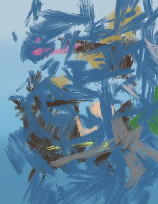 Pressured Time 3 Artwork Blue abstract expressionist artwork featuring layered gestural brushstrokes with glimpses of vibrant colors beneath.