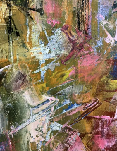 Detail shot of overlapping pink, white, and magenta palette knife strokes from the lower canvas.