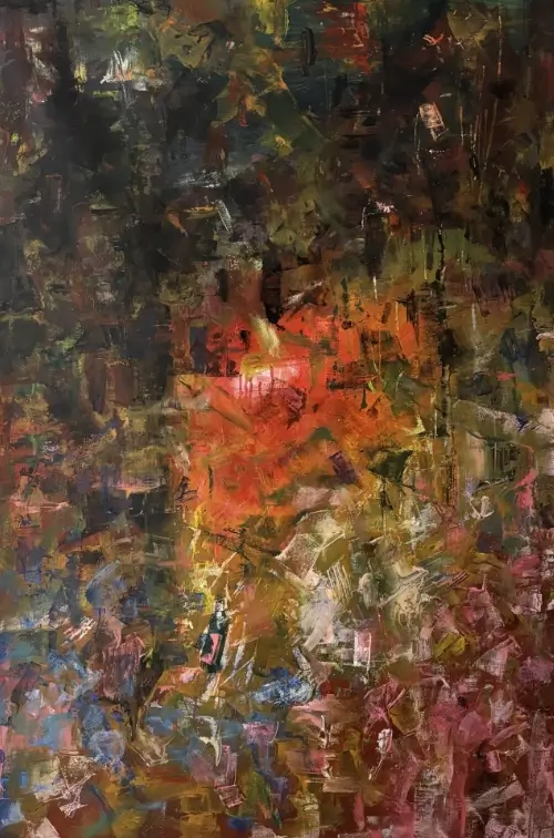 Abstract expressionism thumbnail for Reconciliation After Dispute, cropped to showcase the dramatic impasto textures and fiery red and orange color burst.
