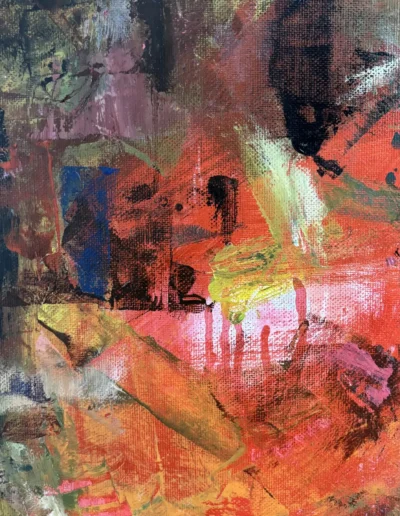 Detail of the fiery red and orange center in the abstract expressionist painting Reconciliation After Dispute.