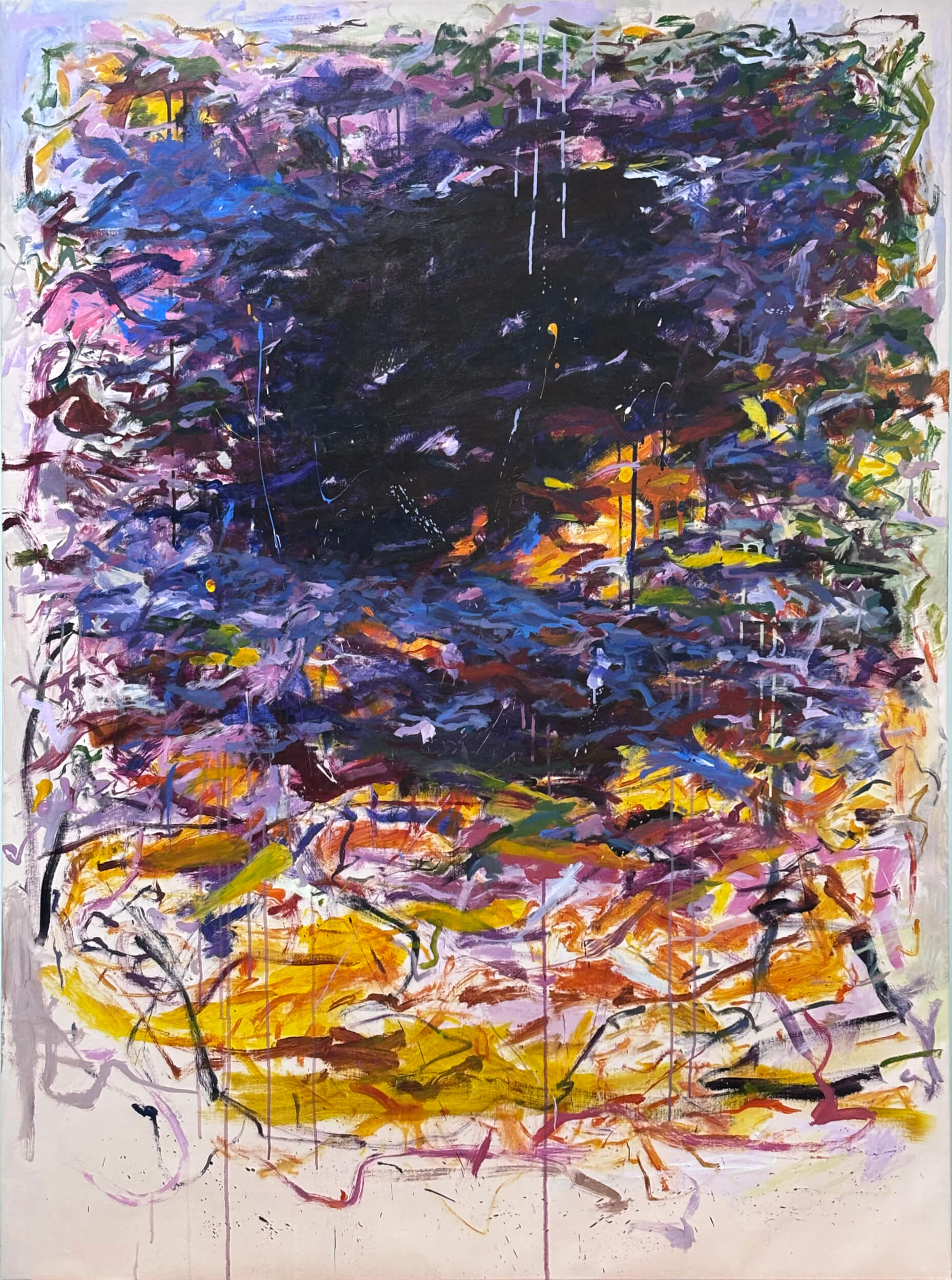 residual phosphenes abstract expressionism painting Detailed view of Thought Garden abstract oil painting, showcasing a high-contrast clash of bright orange and yellow brushstrokes against a heavy dark violet backdrop with delicate paint drips.