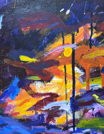 Detailed view of Residual Phosphenes abstract oil painting, showcasing a high-contrast clash of bright orange and yellow brushstrokes against a heavy dark violet backdrop with delicate paint drips.