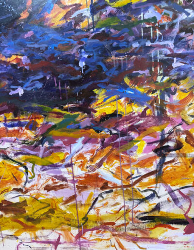 Detailed view of Residual Phosphenes abstract oil painting, showcasing a high-contrast clash of bright orange and yellow brushstrokes against a heavy dark violet backdrop with delicate paint drips..