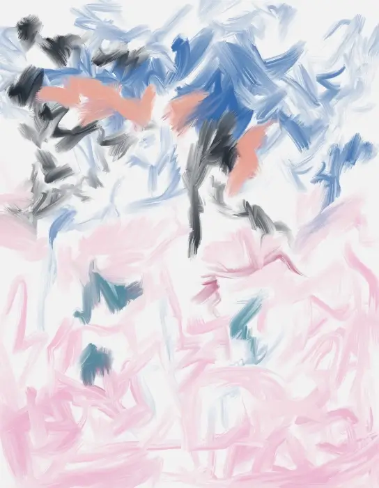 Abstract cloud-inspired painting with blue, pink, black, and white gestural brushstrokes suggesting atmospheric movement.