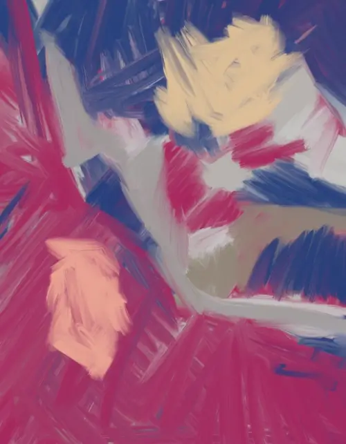 Abstract geometric artwork with magenta, blue, gray, and cream brushstrokes forming dynamic angular shapes.